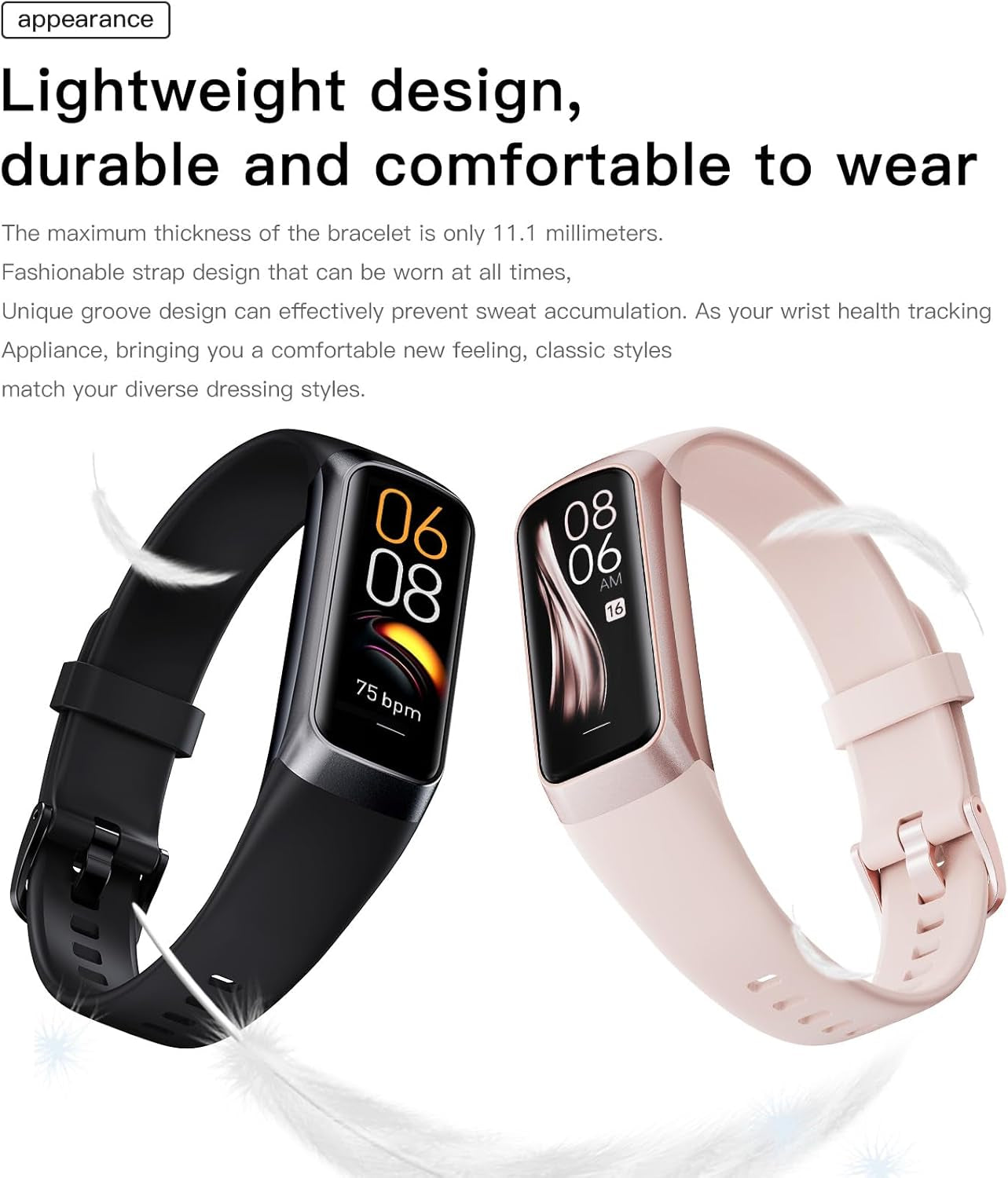 Health and Fitness Tracker for Men and Women, AMOLED Display, Compatible with Android and iOS, Includes Alarm, Stopwatch, Blood Pressure Monitor, Calorie Counter, IP68 Waterproof, Step Tracking功能
