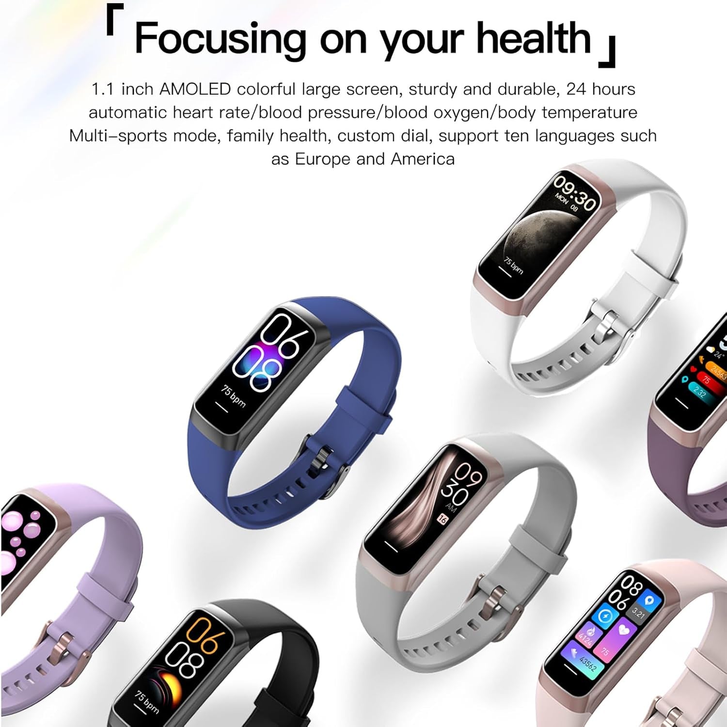 Health and Fitness Tracker for Men and Women, AMOLED Display, Compatible with Android and iOS, Includes Alarm, Stopwatch, Blood Pressure Monitor, Calorie Counter, IP68 Waterproof, Step Tracking功能