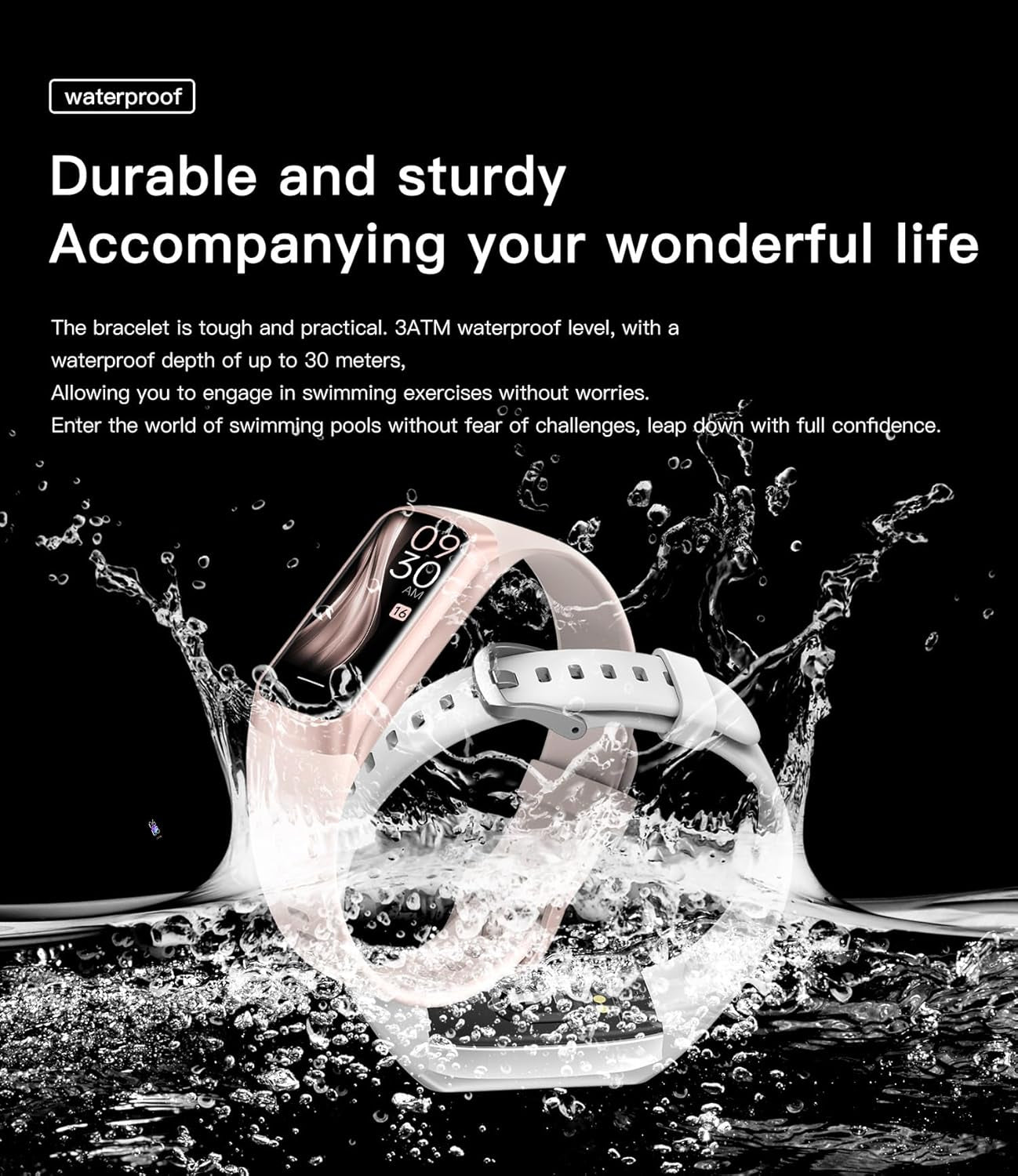 Health and Fitness Tracker for Men and Women, AMOLED Display, Compatible with Android and iOS, Includes Alarm, Stopwatch, Blood Pressure Monitor, Calorie Counter, IP68 Waterproof, Step Tracking功能