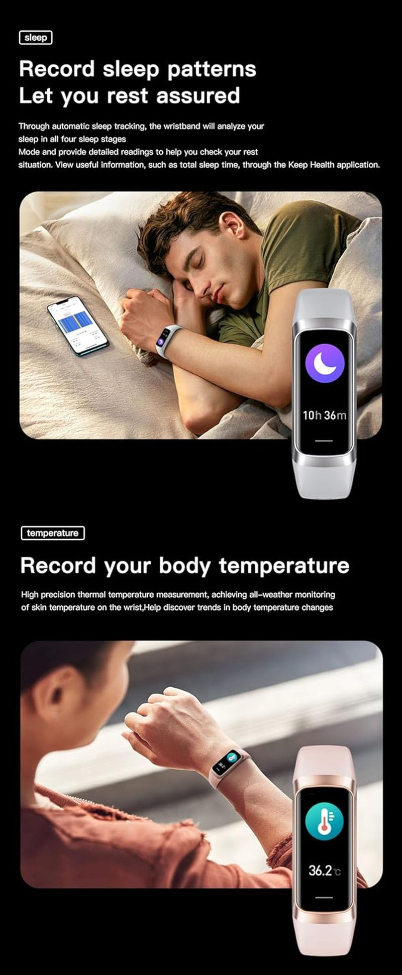 Health and Fitness Tracker for Men and Women, AMOLED Display, Compatible with Android and iOS, Includes Alarm, Stopwatch, Blood Pressure Monitor, Calorie Counter, IP68 Waterproof, Step Tracking功能