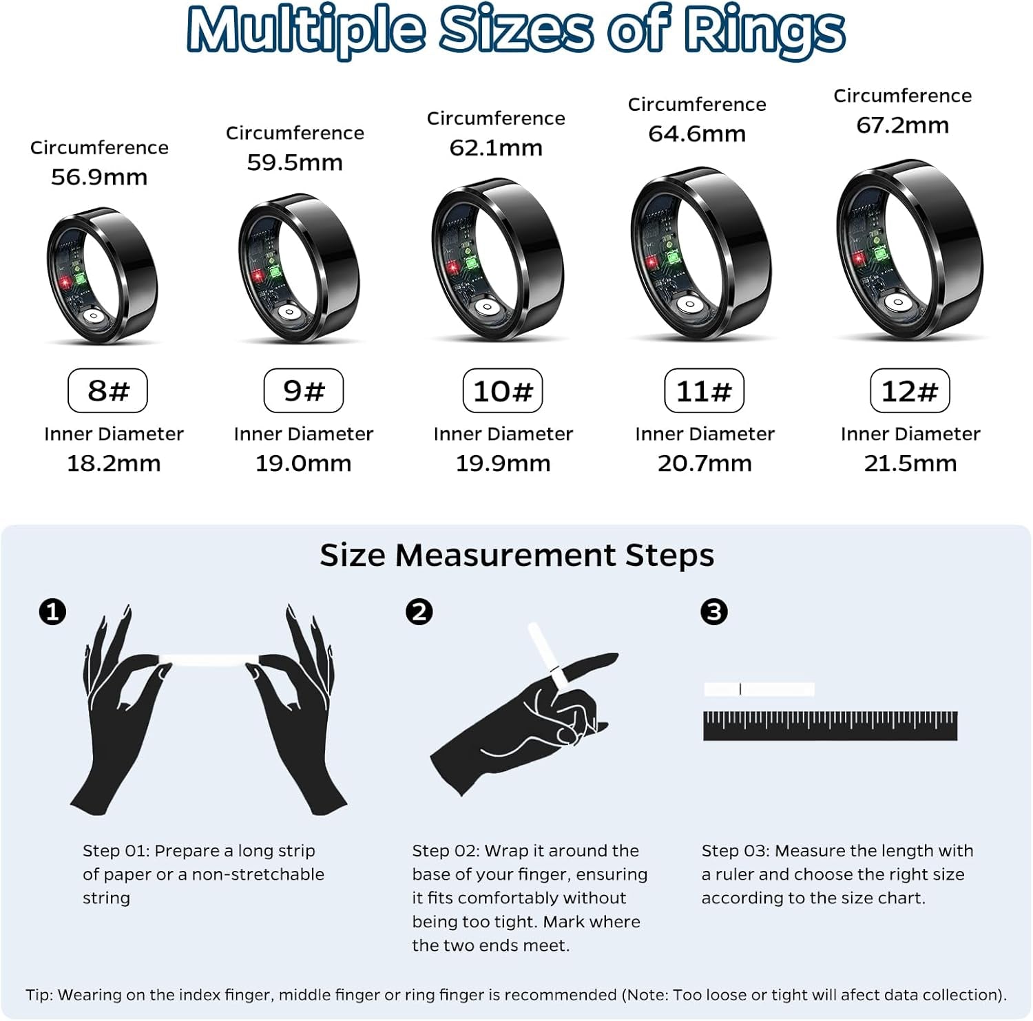 Smart Health Tracking Ring with Sleep Monitoring, Heart Rate Sensor, Waterproof Design, Activity Tracking, Air Gesture Control, Up to 7-Day Battery Life, Compatible with iOS and Android (Black, Size #10)