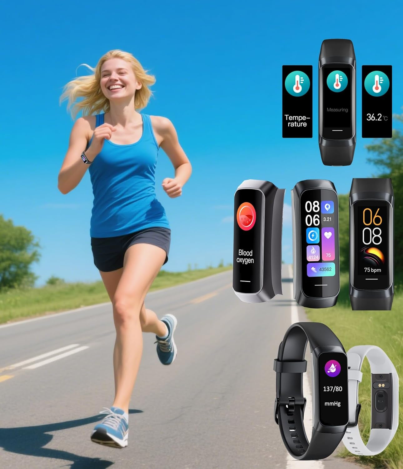 Health and Fitness Tracker for Men and Women, AMOLED Display, Compatible with Android and iOS, Includes Alarm, Stopwatch, Blood Pressure Monitor, Calorie Counter, IP68 Waterproof, Step Tracking功能