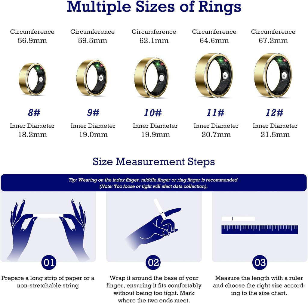 Smart Ring Health and Fitness Tracker - Waterproof Sleep and Activity Monitor with Heart Rate, Air Gestures, and 7-Day Battery Life for iOS and Android (Light Gold, Size 12)
