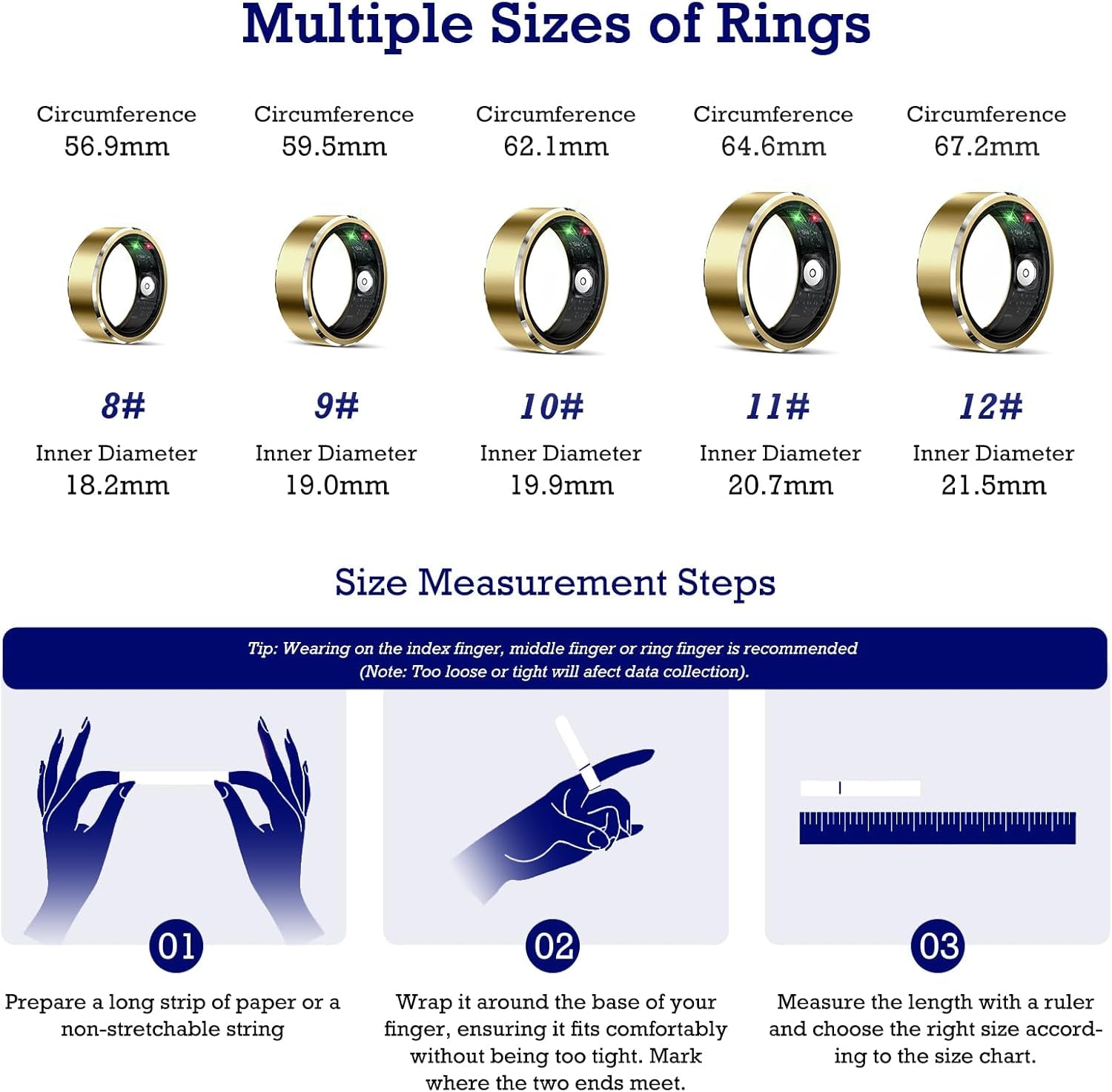 Smart Ring Health and Fitness Tracker - Waterproof Sleep and Activity Monitor with Heart Rate, Air Gestures, and 7-Day Battery Life for iOS and Android (Light Gold, Size 12)